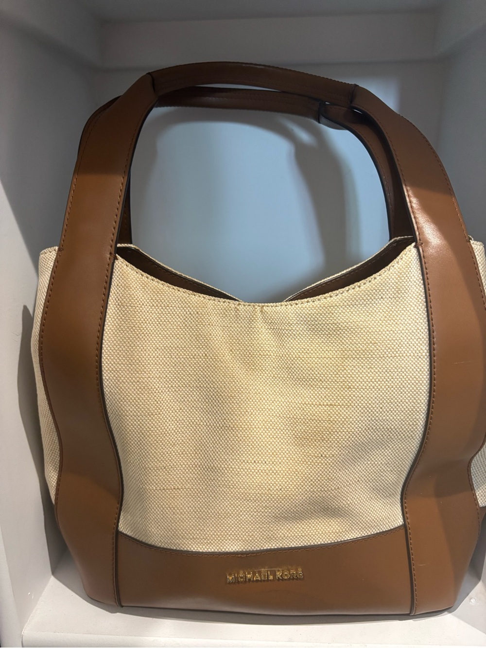 Michael Kors Cream Canvas and Tan Leather Tote